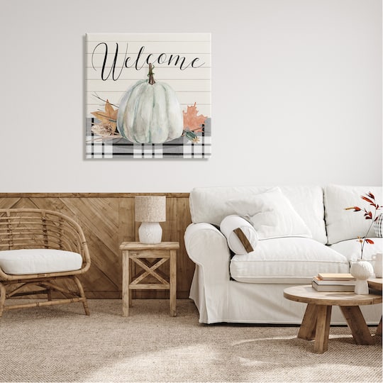 Stupell Industries Welcome Plaid Pumpkin Sign Canvas Wall Art